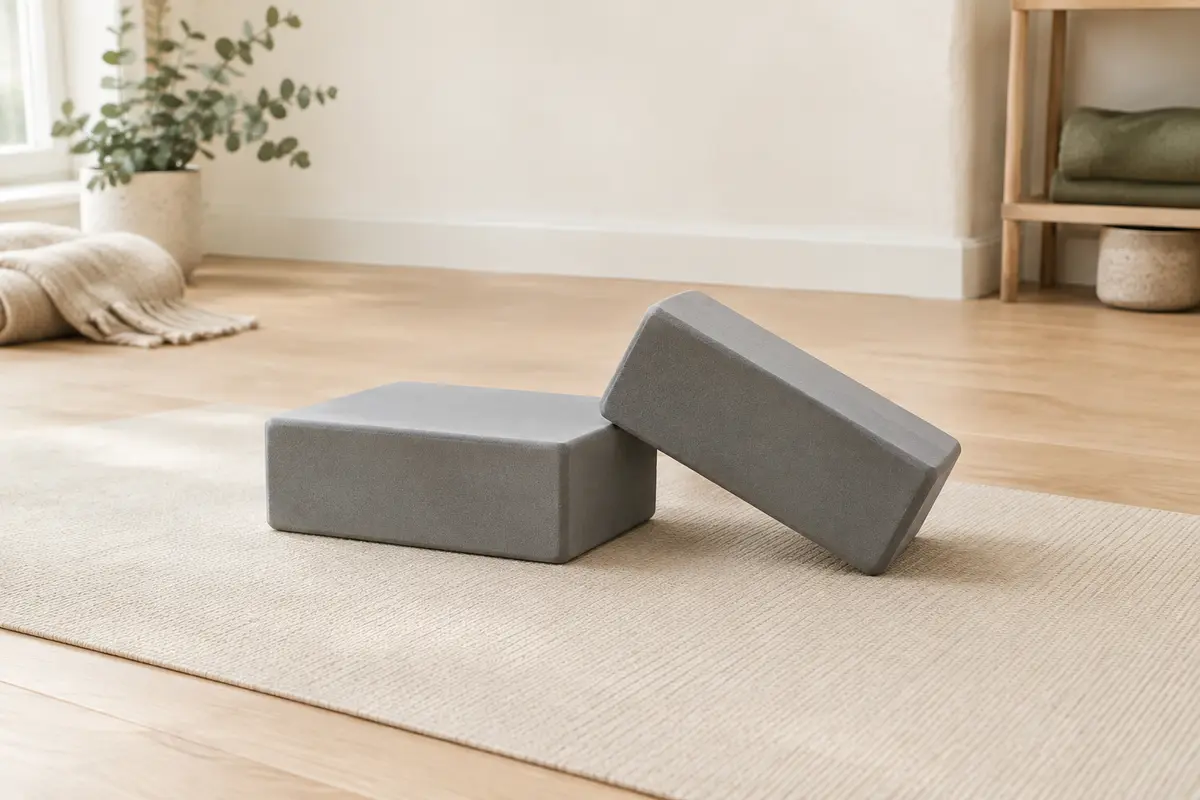 Deux blocs de yoga gris en mousse EVA posés sur un tapis écru dans un studio lumineux
