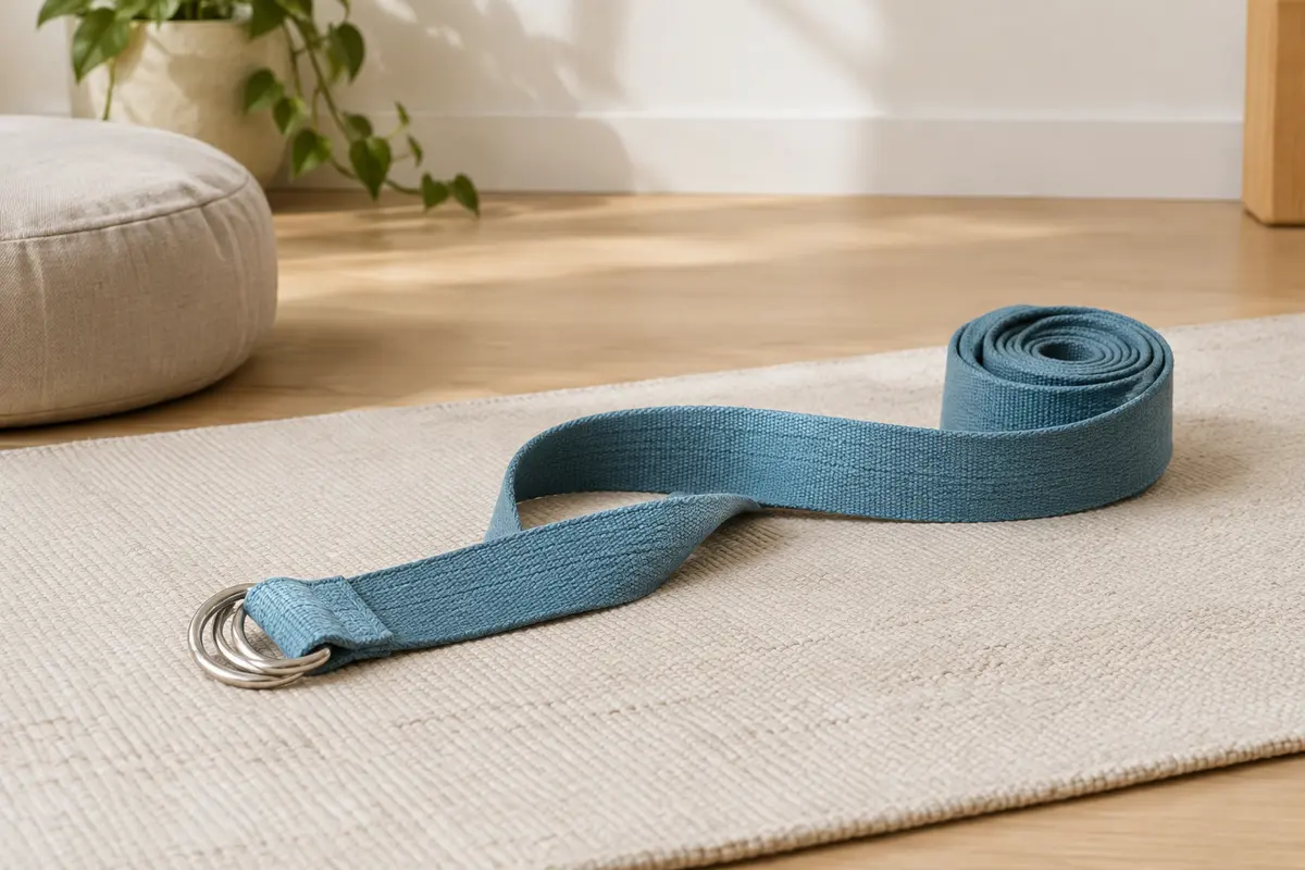 Sangle de yoga en coton bleu lac avec boucle métallique double D posée sur un tapis écru.