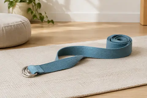Sangle de yoga en coton bleu lac avec boucle métallique double D posée sur un tapis écru.