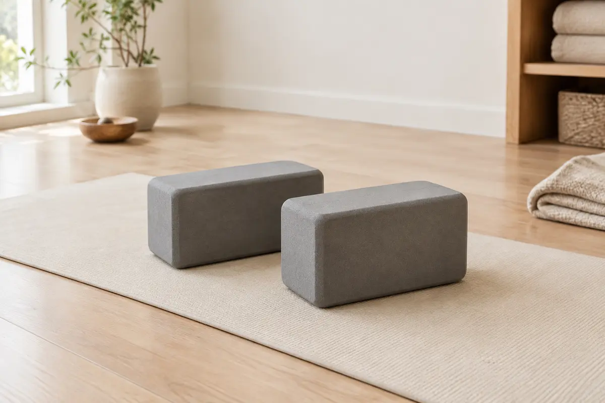 Deux briques de yoga grises en mousse EVA posées sur un tapis dans un studio lumineux