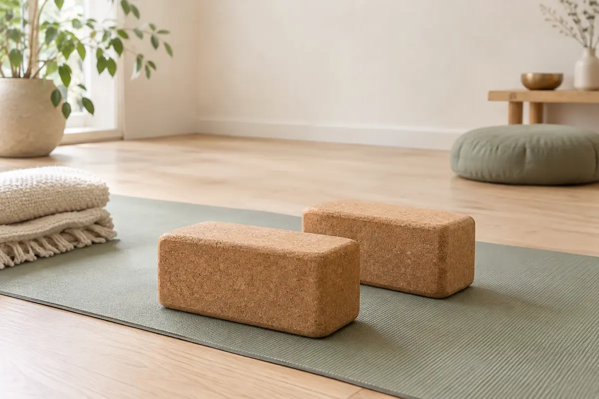 Deux briques de yoga en liège brun aux bords arrondis, posées sur un tapis dans un studio lumineux.
