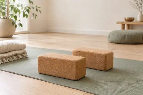 Deux briques de yoga en liège brun aux bords arrondis, posées sur un tapis dans un studio lumineux.