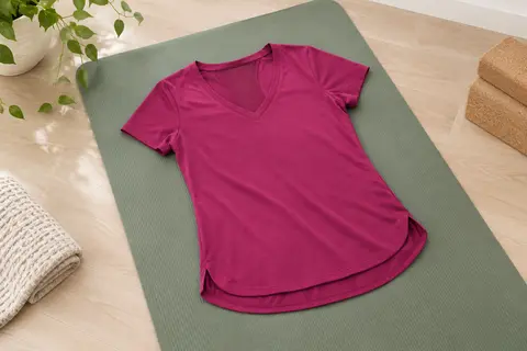T-shirt de sport magenta à col V et dos en maille, posé sur un tapis dans un studio lumineux.