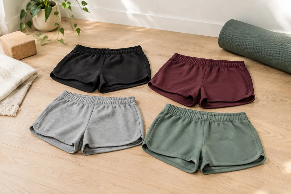 Quatre shorts de yoga unis en coton mélangé, disposés dans un studio lumineux au sol de bois clair.