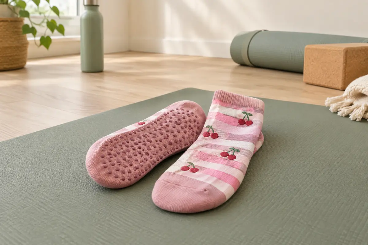 Paire de chaussettes roses à picots antidérapants et motif cerise posée sur un tapis de yoga