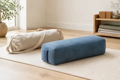Traversin de yoga rectangulaire bleu avec housse douce, poignée et sac de rangement dans un studio clair.