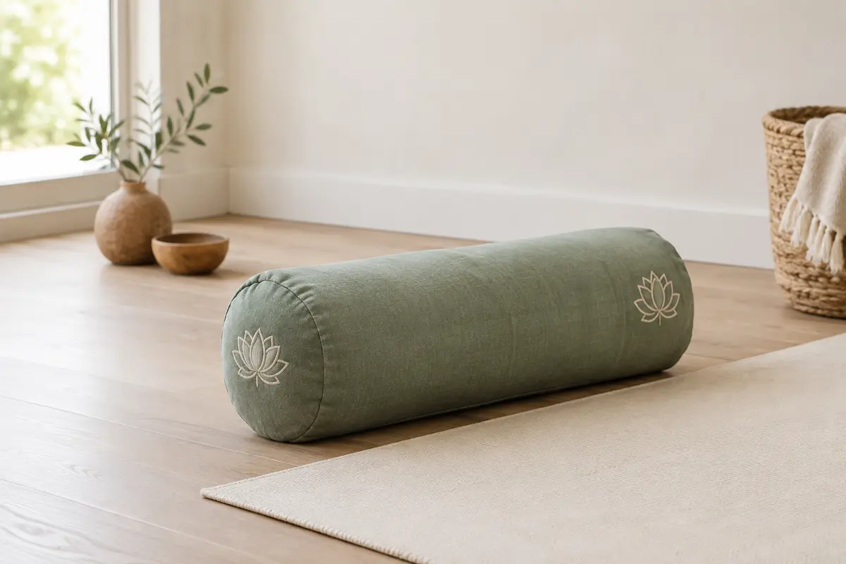 Traversin cylindrique de yoga en coton vert sauge avec broderie lotus, posé dans un studio lumineux.