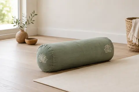 Traversin cylindrique de yoga en coton vert sauge avec broderie lotus, posé dans un studio lumineux.