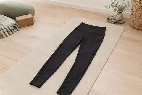 Legging de sport noir à taille haute posé à plat dans un studio lumineux, avec une poche latérale visible.