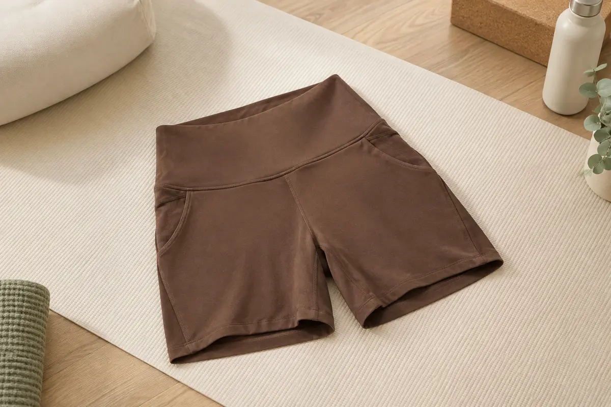 Short de yoga marron à taille haute et poches latérales posé sur un tapis écru en studio