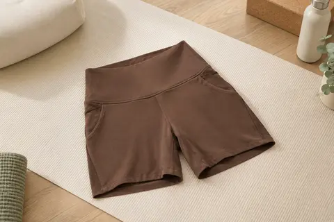 Short de yoga marron à taille haute et poches latérales posé sur un tapis écru en studio