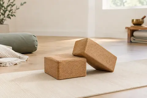 Deux briques rectangulaires en liège naturel posées sur un tapis dans un studio de yoga lumineux.