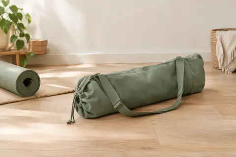 Sac vert Yogati Y17 en toile avec cordon et bandoulière, posé près d’un tapis roulé