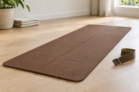 Tapis de yoga marron avec repères d’alignement et sangle, posé sur un sol en bois clair.