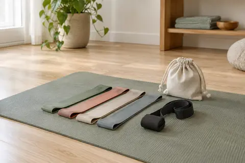 Quatre bandes de résistance avec ancre de porte et sac à cordon dans un studio lumineux