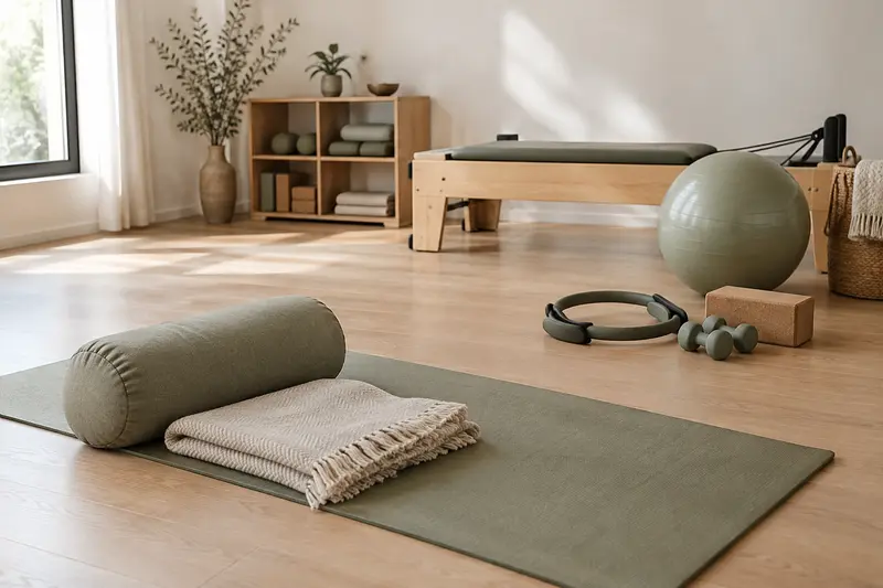 Tapis, bolster et accessoires disposés dans un espace de pratique aux matières naturelles