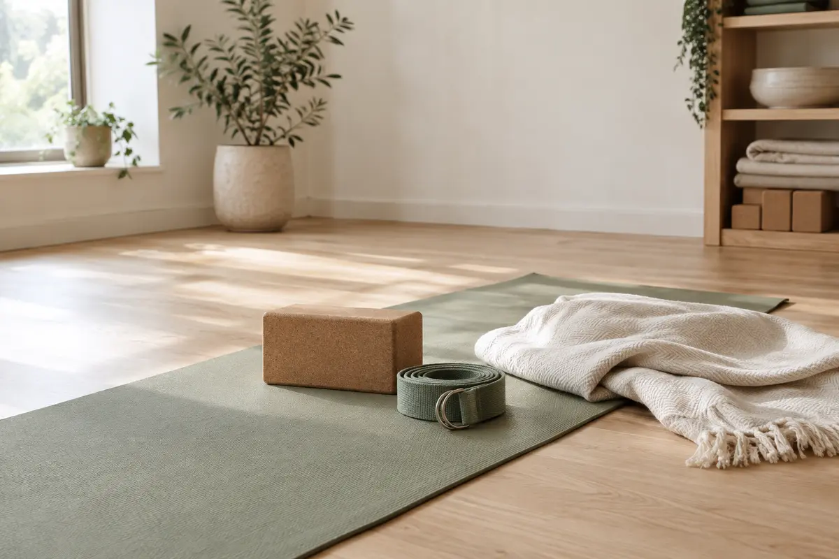 Tapis, brique et sangle de yoga disposés dans un studio clair aux tons naturels